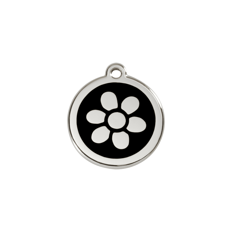 Vue avant - Médaille personnalisée pour chat Red Dingo Émail et acier inoxydable - Motif Fleur Noir - Size S