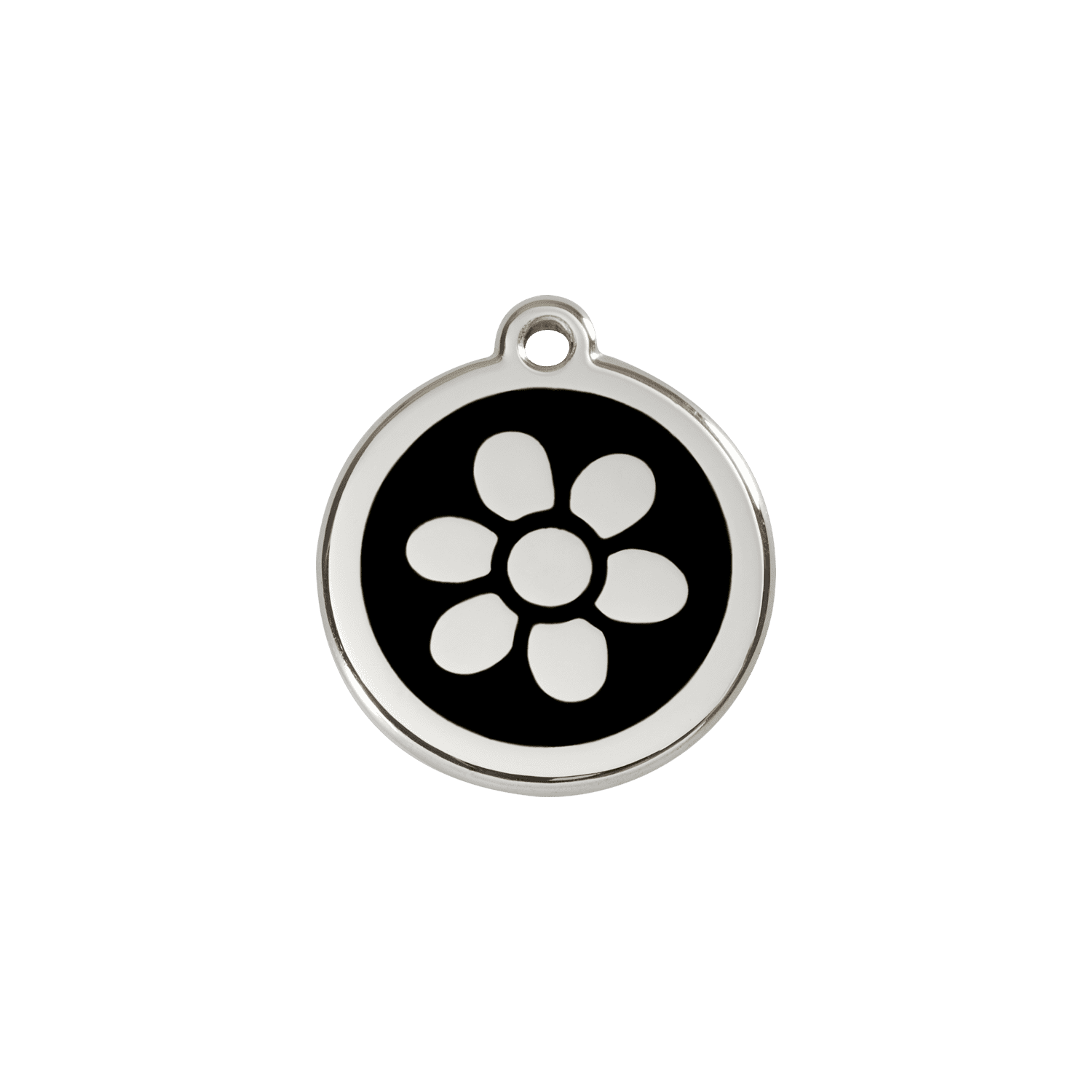 Vue avant - Médaille personnalisée pour chat Red Dingo Émail et acier inoxydable - Motif Fleur Noir - Size S