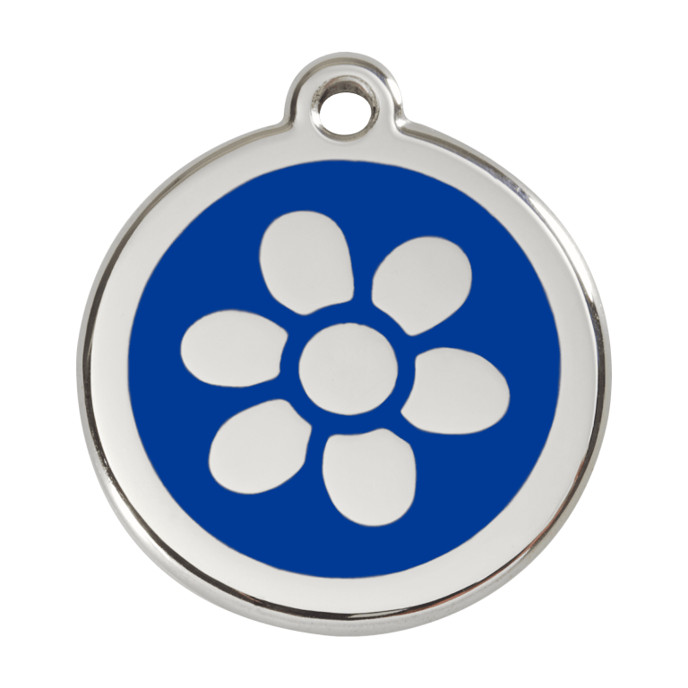 Vue avant - Médaille personnalisée pour chien Red Dingo Émail et acier inoxydable - Fleur bleue - Size L
