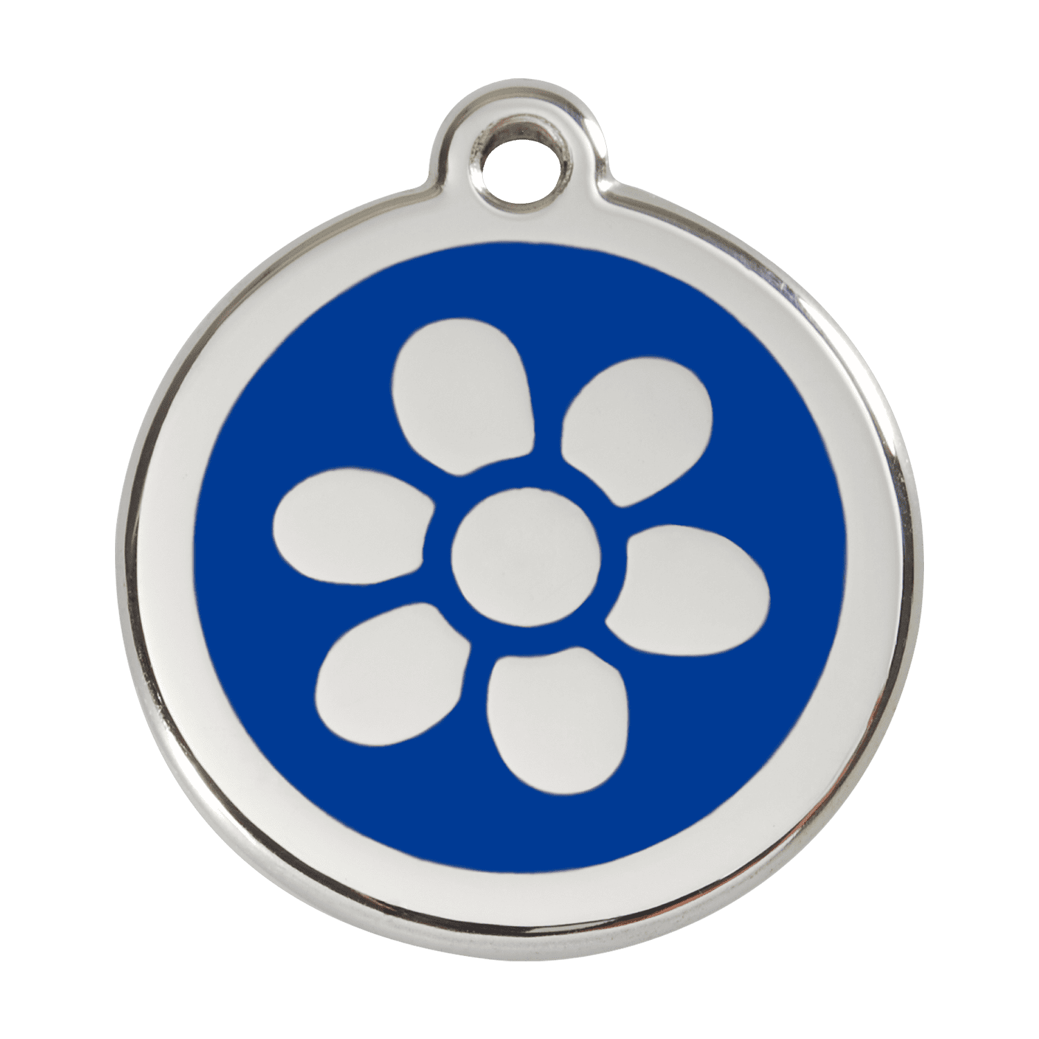 Vue avant - Médaille personnalisée pour chien Red Dingo Émail et acier inoxydable - Fleur bleue - Size L