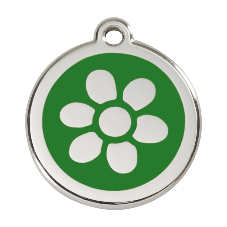 Vue avant - Médaille personnalisée pour chien Red Dingo Émail et acier inoxydable - Fleur Vert - Size L