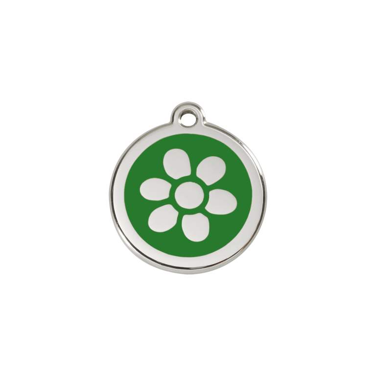 Vue avant - Médaille personnalisée en émail et acier inoxydable pour chat - Red Dingo - Fleur Vert - Size S