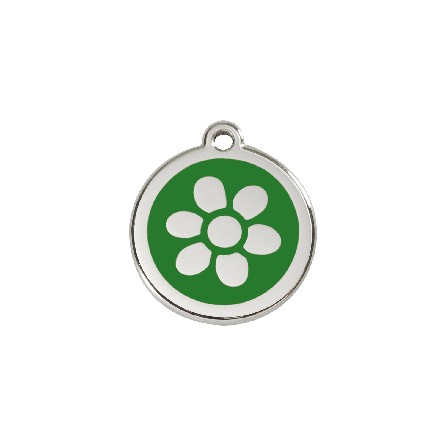 Vue avant - Médaille personnalisée en émail et acier inoxydable pour chat - Red Dingo - Fleur Vert - Size S