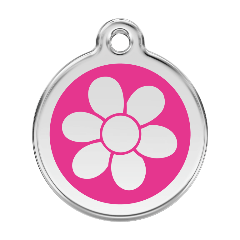 Vue avant - Médaille personnalisée pour chien Red Dingo Émail et acier inoxydable - Fleur Rose vif - Size L