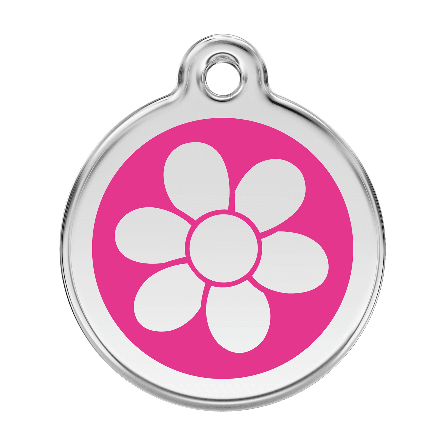 Vue avant - Médaille personnalisée pour chien Red Dingo Émail et acier inoxydable - Fleur Rose vif - Size L