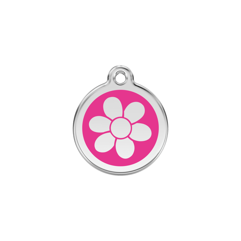 Vue avant - Médaille personnalisée pour chat en émail et acier inoxydable - Red Dingo - Fleur rose vif - Size S