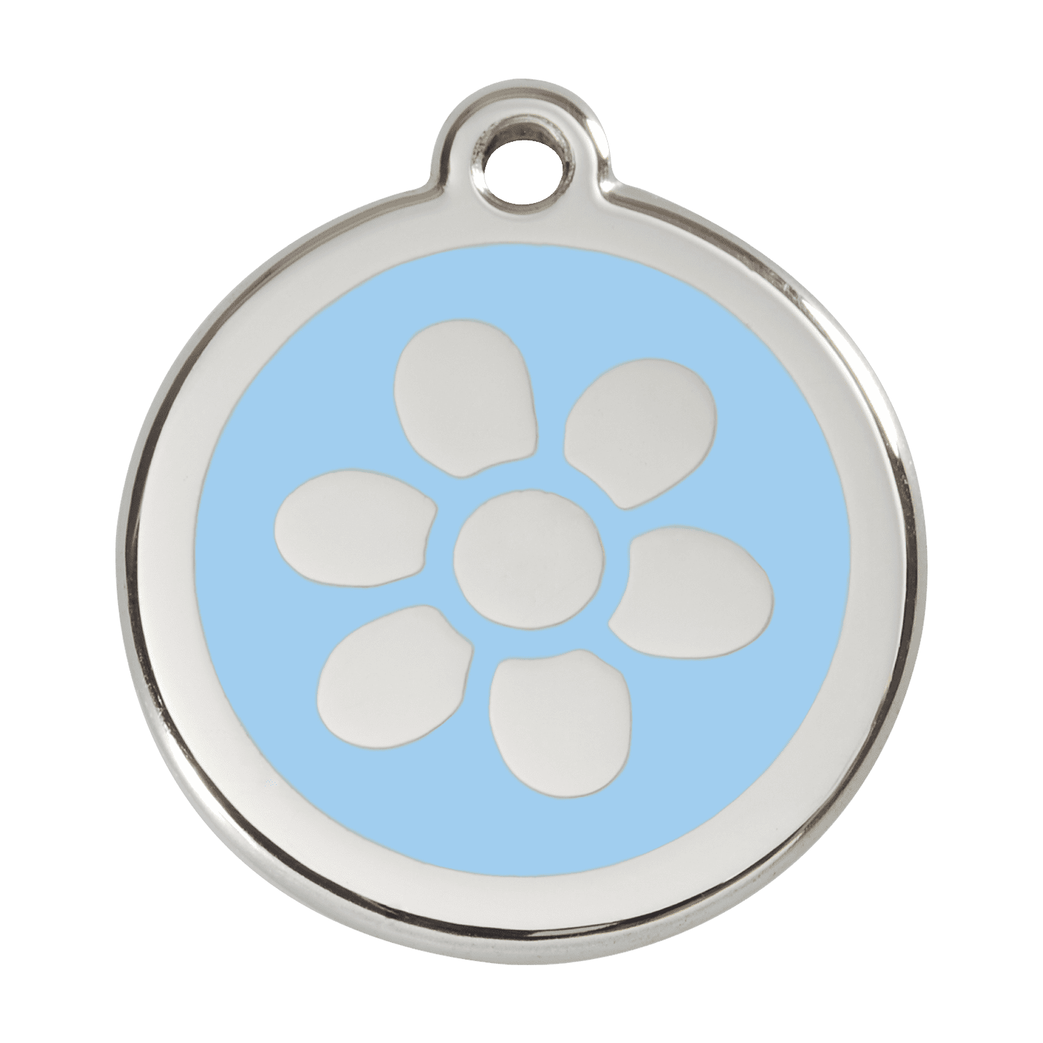 Vue avant - Médaille personnalisée pour chien Red Dingo Émail et acier inoxydable - Motif Fleur - Bleu clair - Size L