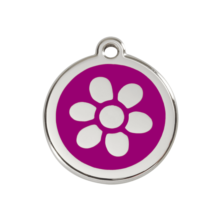 Vue avant - Médaille personnalisée pour chien ou chat - Red Dingo Émail et acier inoxydable - Fleur Violet - Size M