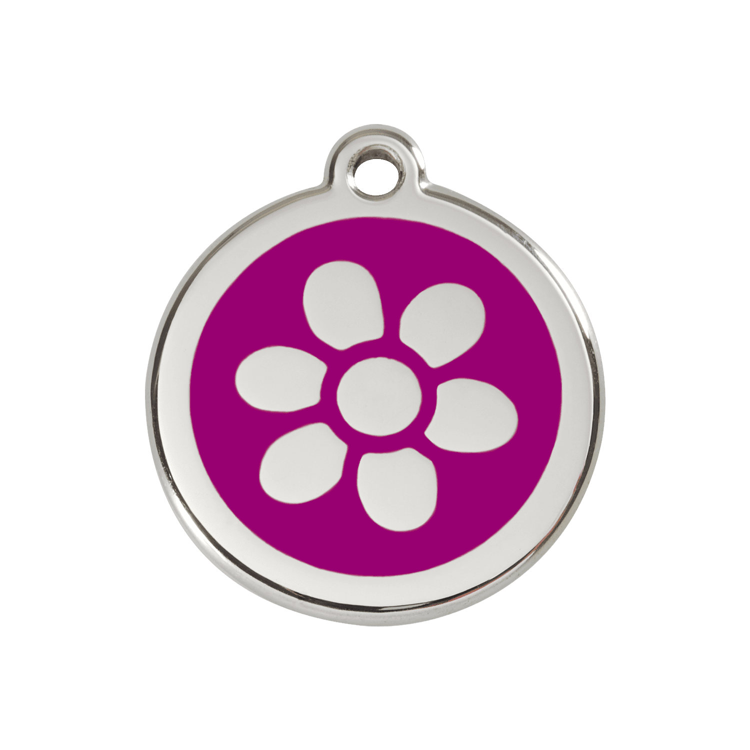 Vue avant - Médaille personnalisée pour chien ou chat - Red Dingo Émail et acier inoxydable - Fleur Violet - Size M