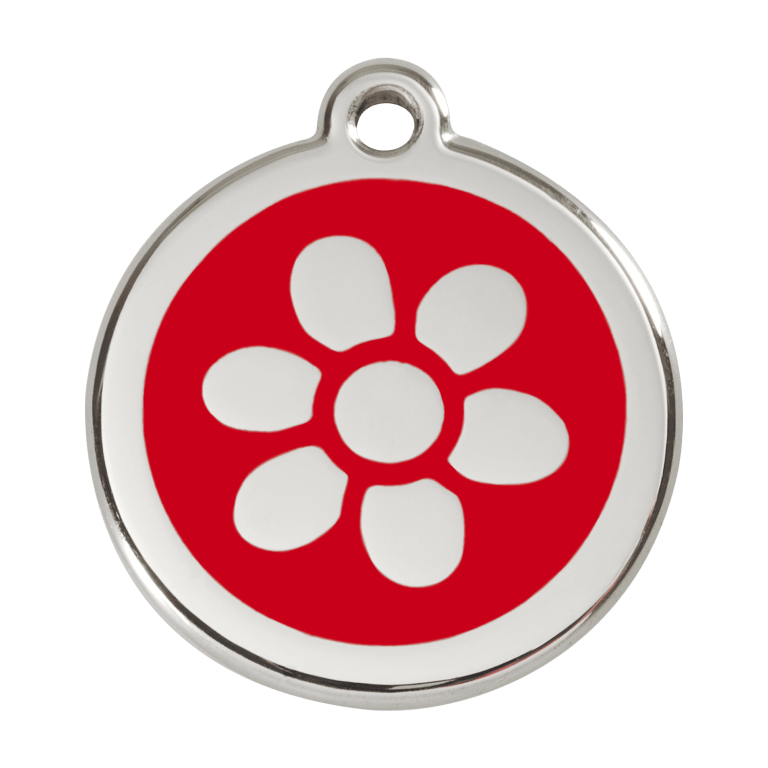 Vue avant - Médaille personnalisée pour chien Red Dingo Émail et acier inoxydable - Fleur Rouge - Size L