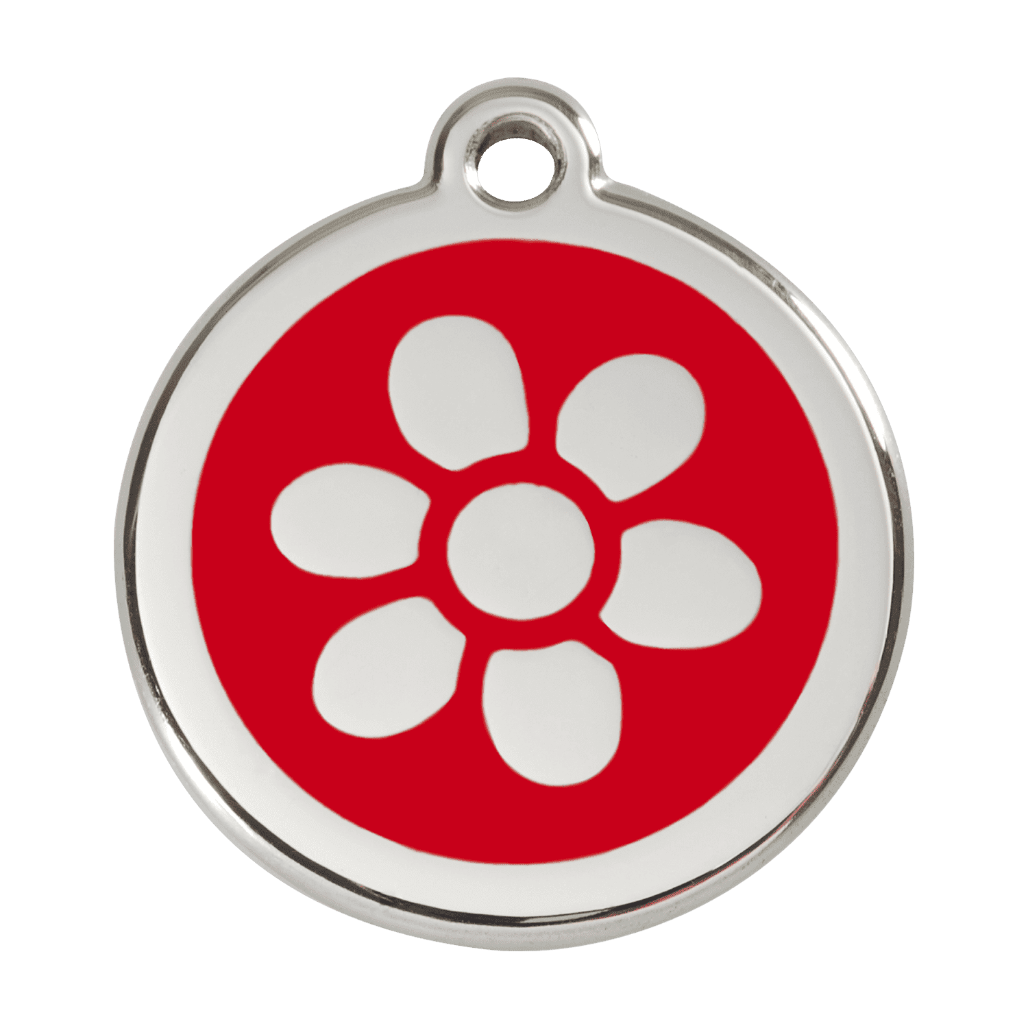 Vue avant - Médaille personnalisée pour chien Red Dingo Émail et acier inoxydable - Fleur Rouge - Size L