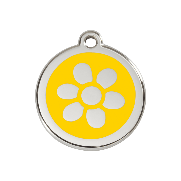 Vue avant - Médaille personnalisée pour chien ou chat - Red Dingo Émail et acier inoxydable - Fleur Jaune - Size M