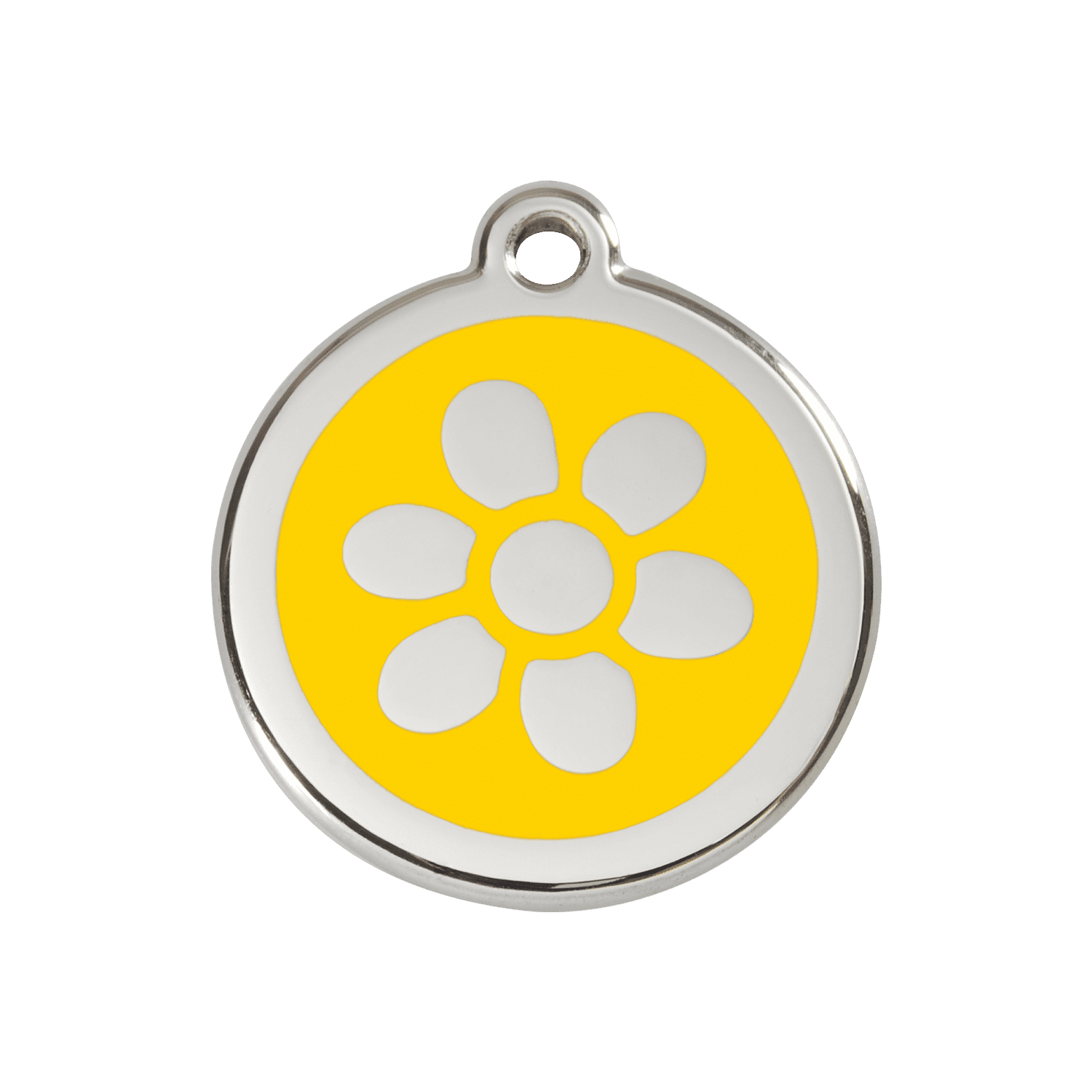Vue avant - Médaille personnalisée pour chien ou chat - Red Dingo Émail et acier inoxydable - Fleur Jaune - Size M