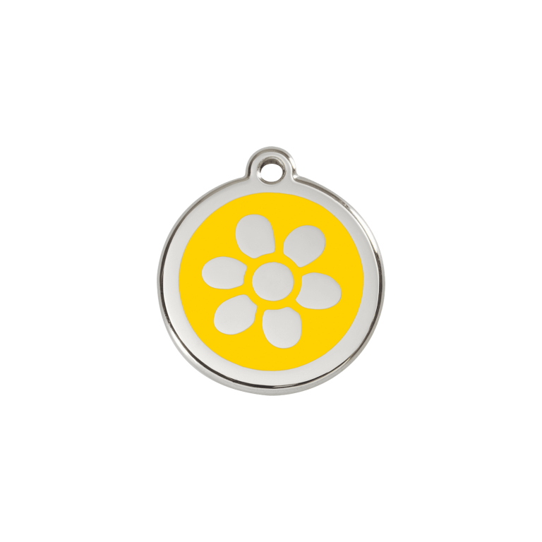 Vue avant - Médaille personnalisée pour chien/chat Red Dingo Émail/Acier Jaune 20mm - Fleur - Size S