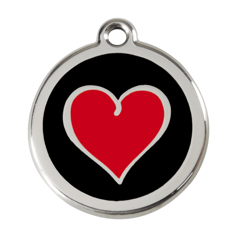 Vue avant - Médaille personnalisée pour chien Red Dingo Émail et acier inoxydable - Coeur noir - Size L