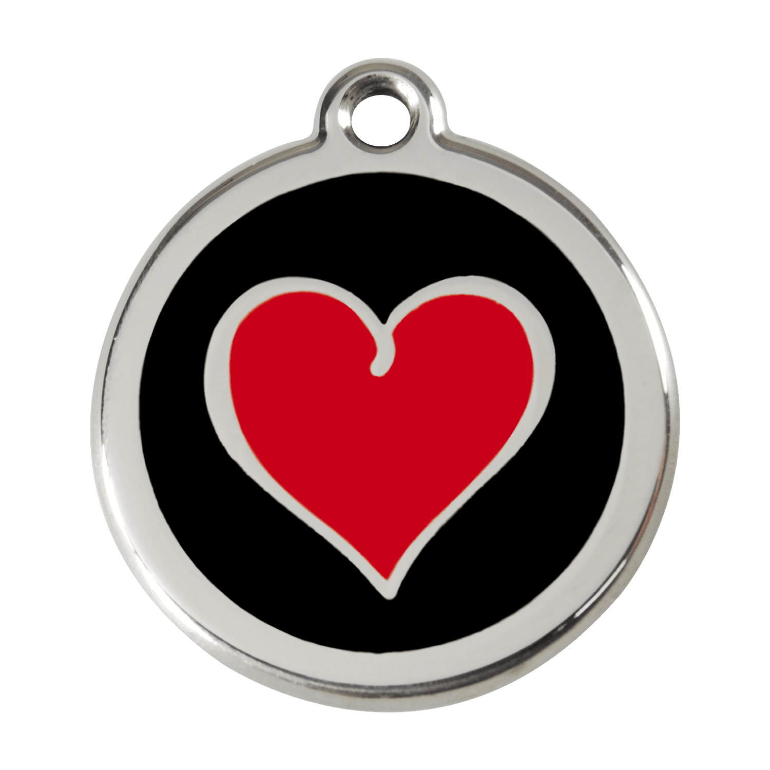Vue avant - Médaille personnalisée pour chien Red Dingo Émail et acier inoxydable - Coeur noir - Size L