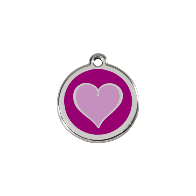 Vue avant - Médaille personnalisée pour chien/chat Red Dingo Émail et acier inoxydable - Coeur violet - Size S