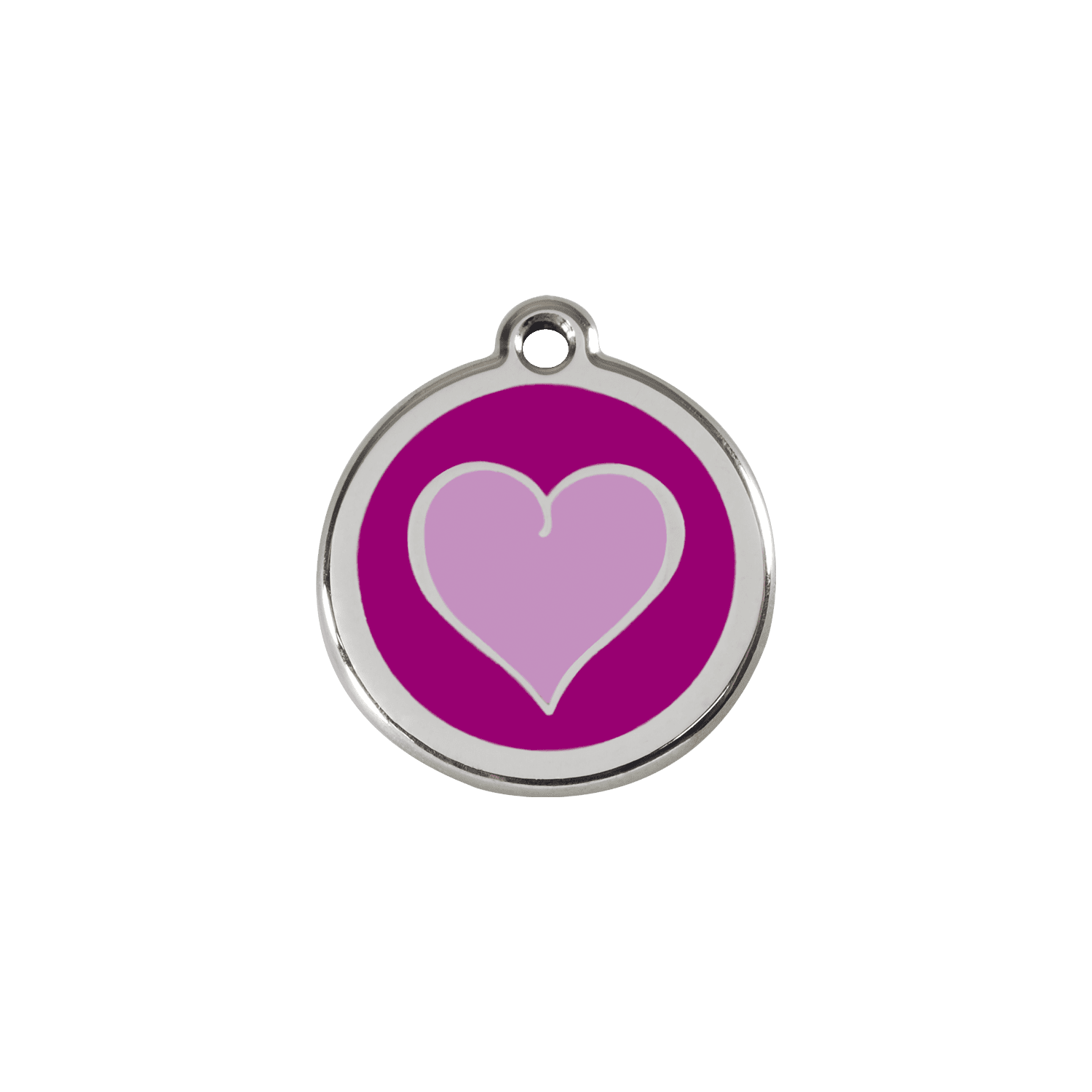 Vue avant - Médaille personnalisée pour chien/chat Red Dingo Émail et acier inoxydable - Coeur violet - Size S