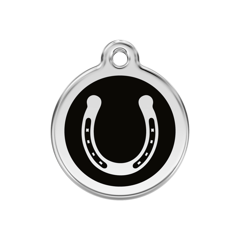 Vue avant - Médaille personnalisable pour chien en émail et acier inoxydable Red Dingo - Motif fer à cheval noir - Size M