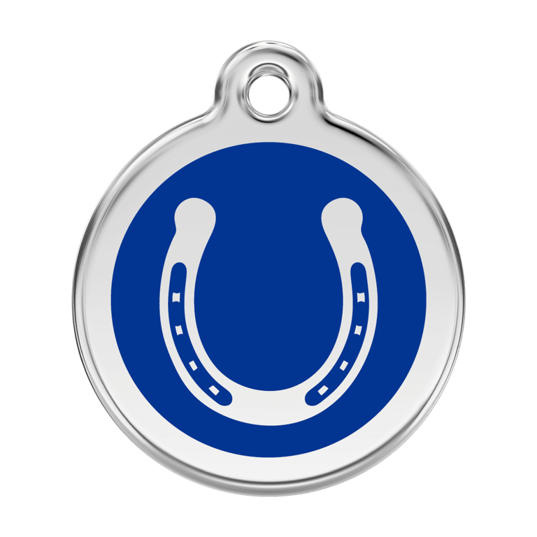 Vue avant - Médaille personnalisée pour chien en émail et acier inoxydable - Red Dingo - Fer à cheval - Bleu foncé - Size L