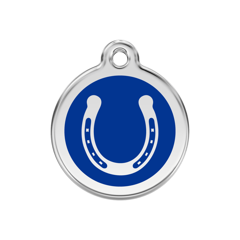 Vue avant - Médaille personnalisable pour chien Red Dingo Émail et acier inoxydable Fer à cheval Bleu foncé 30.00mm