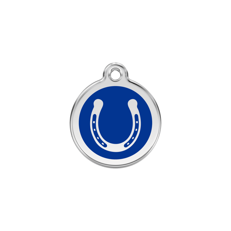 Vue avant - Médaille personnalisée pour chien/chat Red Dingo Émail/Acier inoxydable - Fer à cheval - Bleu foncé - Size S - 01-HS-DB-SM