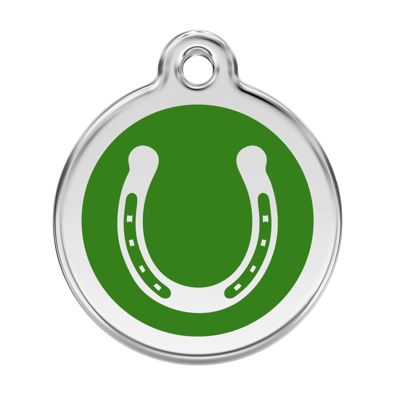 Vue avant - Médaille personnalisable pour chien Red Dingo Émail et acier inoxydable - Fer à cheval - Vert - Size L