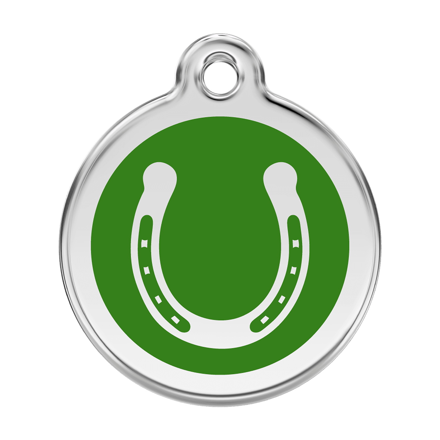 Vue avant - Médaille personnalisable pour chien Red Dingo Émail et acier inoxydable - Fer à cheval - Vert - Size L