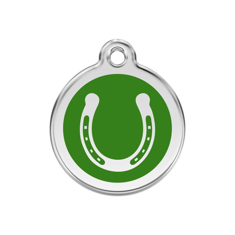 Vue avant - Médaille personnalisée pour chien Red Dingo Émail et acier inoxydable Fer à cheval Vert 30.00mm