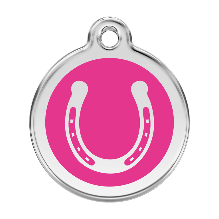 Vue avant - Médaille personnalisée pour chien Red Dingo Émail et acier inoxydable Fer à cheval Rose vif - Size L