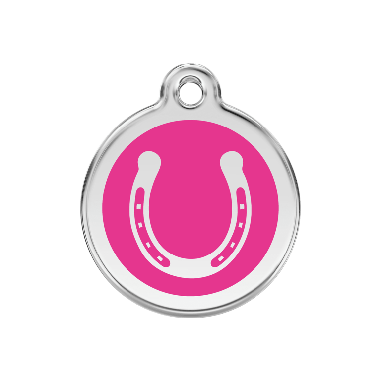 Vue avant - Médaille personnalisée pour chien Red Dingo Émail et acier inoxydable Fer à cheval Rose vif - Size M
