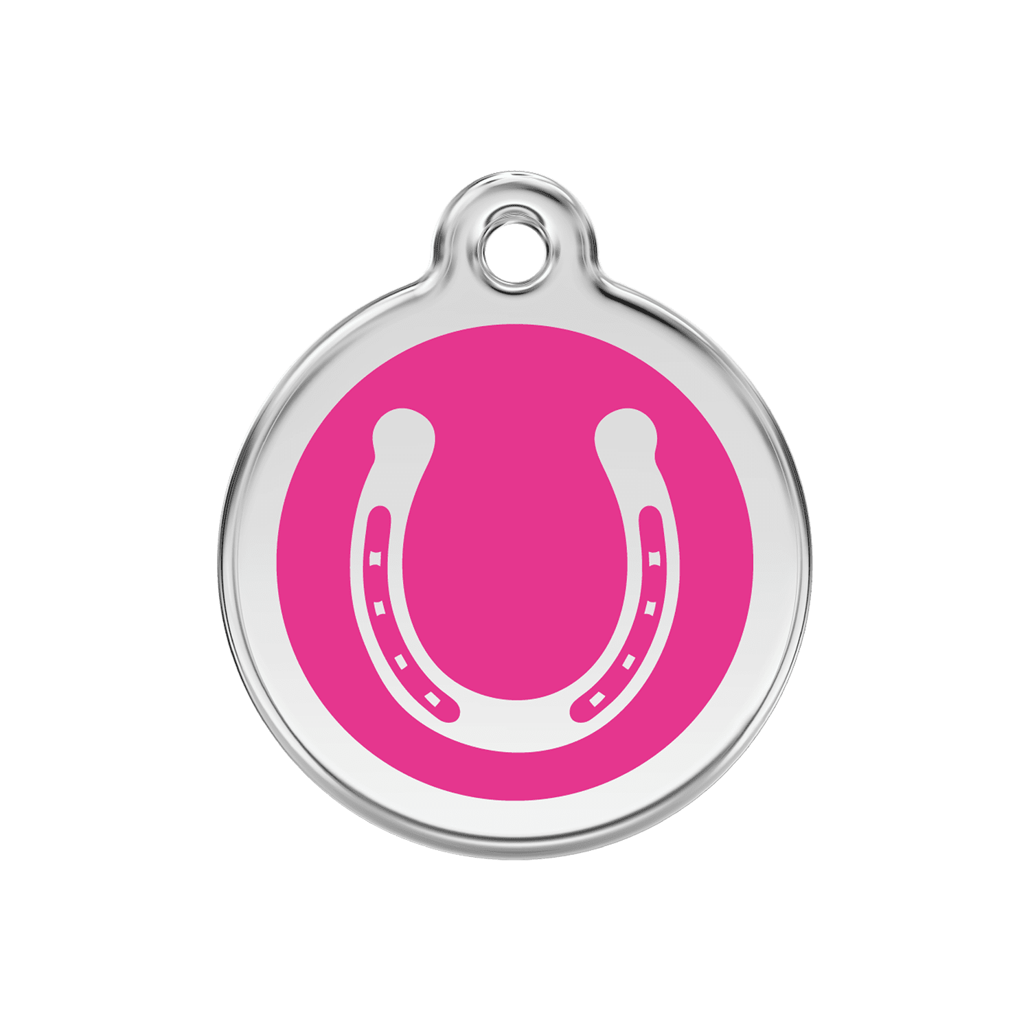 Vue avant - Médaille personnalisée pour chien Red Dingo Émail et acier inoxydable Fer à cheval Rose vif - Size M