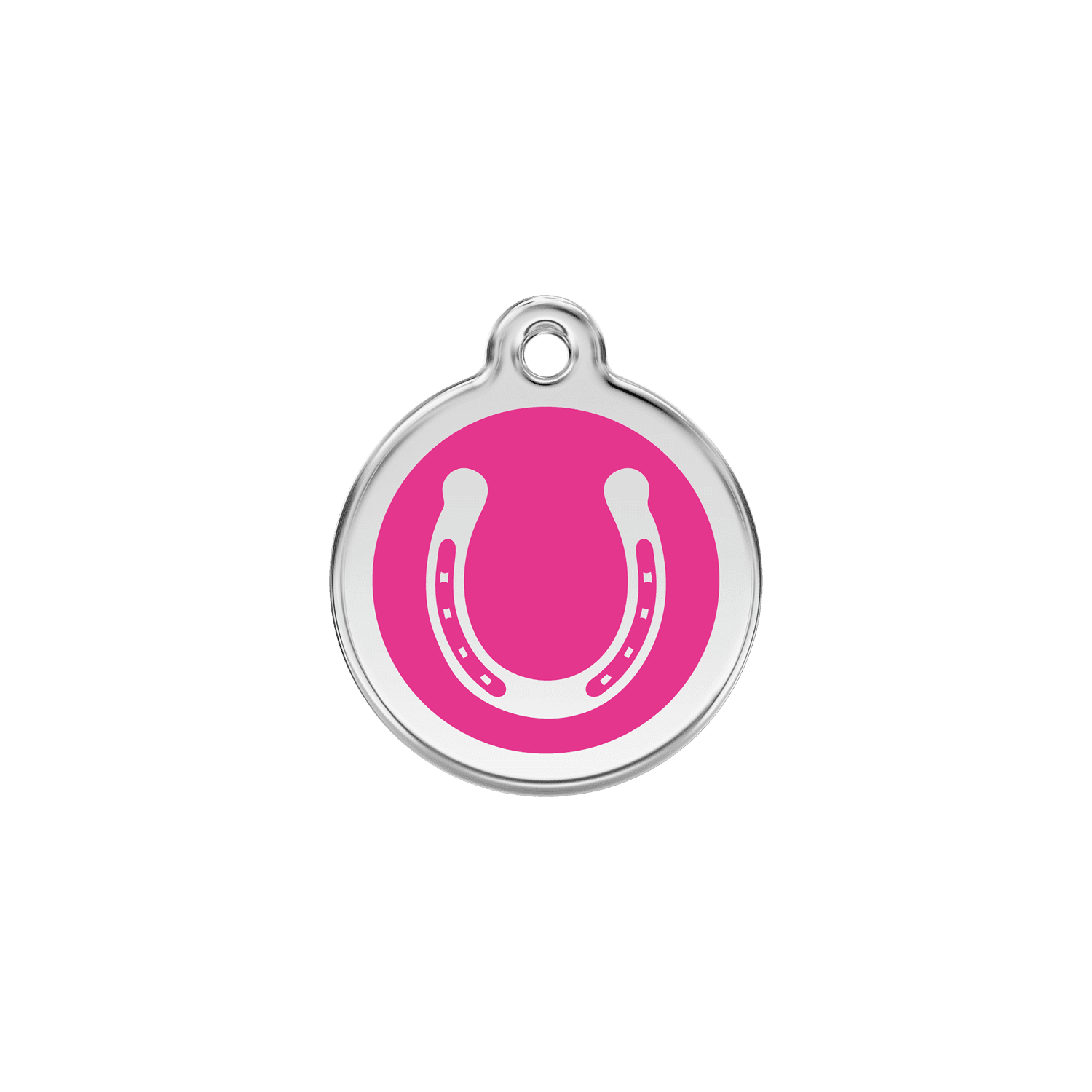 Vue avant - Médaille personnalisée pour chien/chat Red Dingo Émail et acier inoxydable - Fer à cheval - Rose vif - Size S