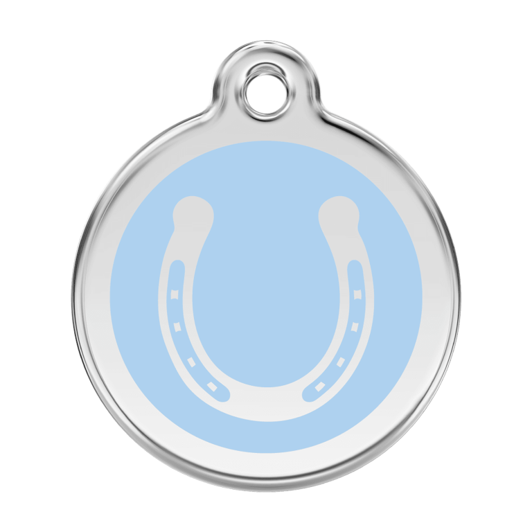 Vue avant - Médaille personnalisée pour chien Red Dingo Émail et acier inoxydable Fer à cheval Bleu clair - Size L