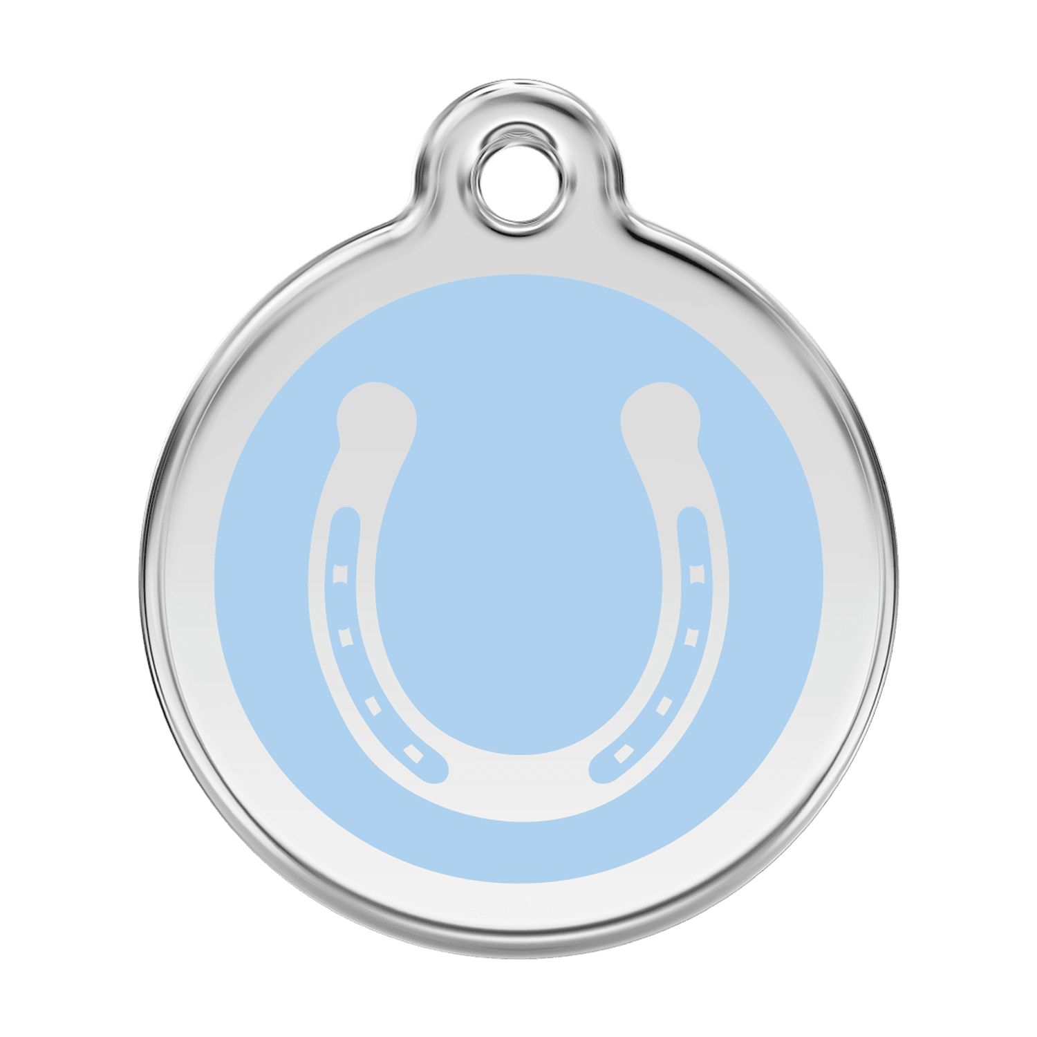 Vue avant - Médaille personnalisée pour chien Red Dingo Émail et acier inoxydable Fer à cheval Bleu clair - Size L