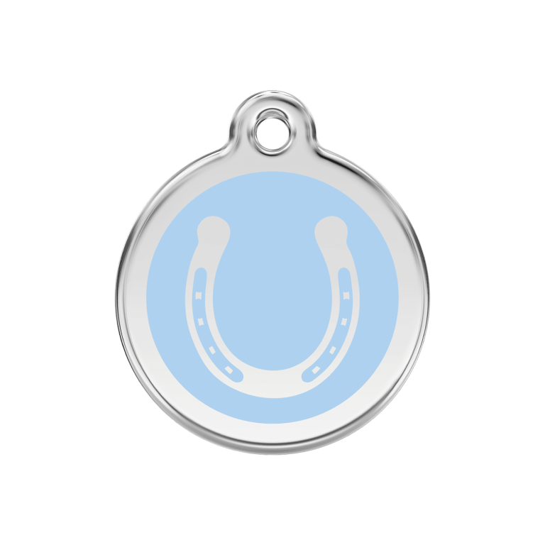 Vue avant - Médaille personnalisée pour chien Red Dingo Émail et acier inoxydable - Fer à cheval bleu clair - Size M 30.00mm