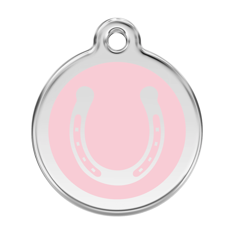 Vue avant - Médaille personnalisée pour chien en émail et acier inoxydable - Red Dingo - Motif fer à cheval - Rose - Size L