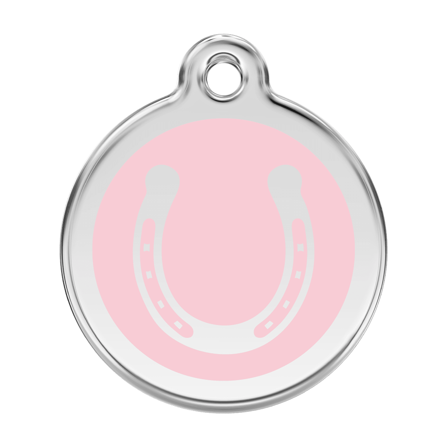 Vue avant - Médaille personnalisée pour chien en émail et acier inoxydable - Red Dingo - Motif fer à cheval - Rose - Size L