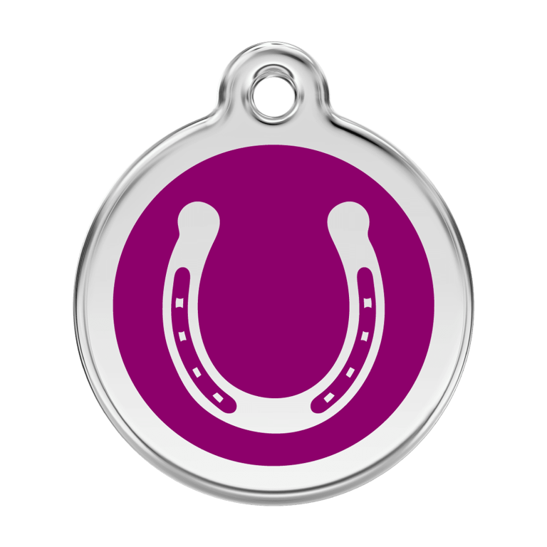 Vue avant - Médaille personnalisable pour chien Red Dingo émail et acier inoxydable violet - Fer à cheval - Size L