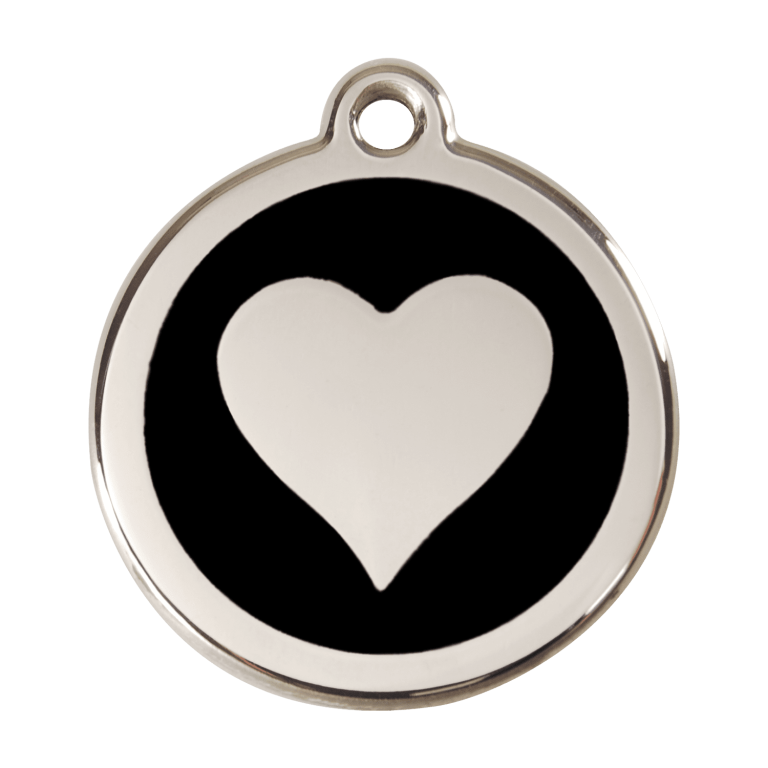 Vue avant - Médaille personnalisée pour chien Red Dingo Émail et acier inoxydable - Motif cœur - Noir - Size L