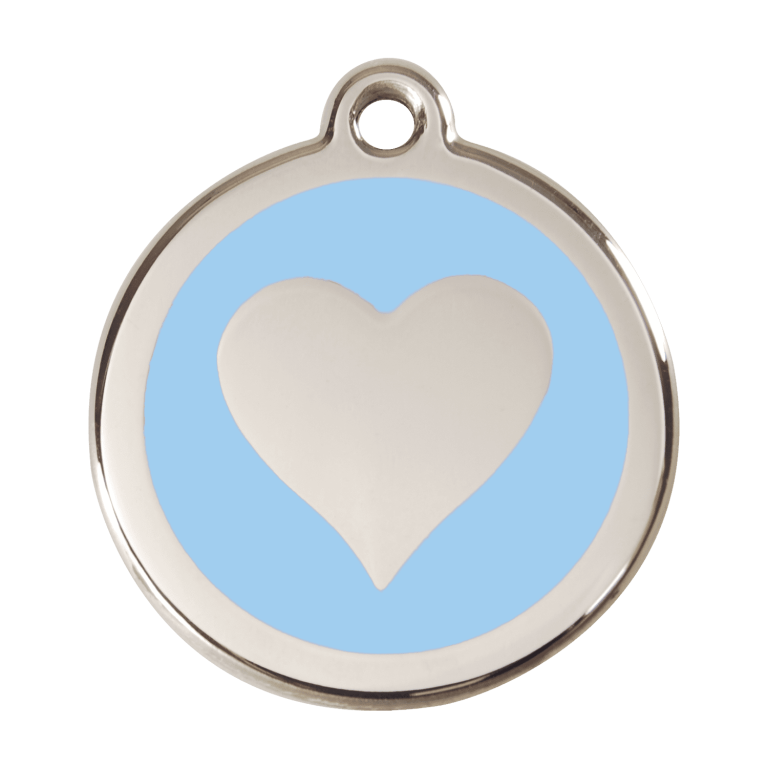 Vue avant - Médaille personnalisable pour chien ou chat - Red Dingo Émail et acier inoxydable - Motif cœur bleu clair - Size L