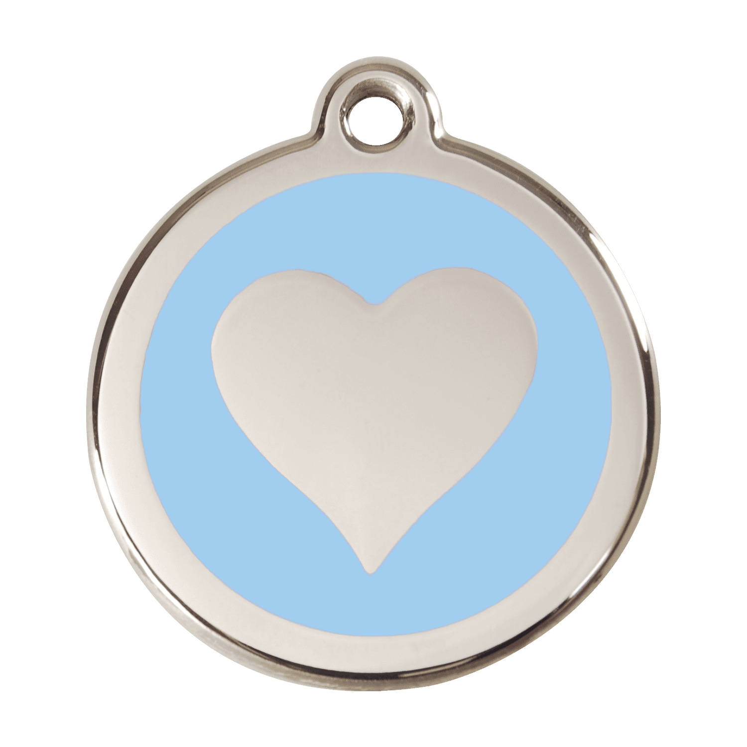 Vue avant - Médaille personnalisable pour chien ou chat - Red Dingo Émail et acier inoxydable - Motif cœur bleu clair - Size L