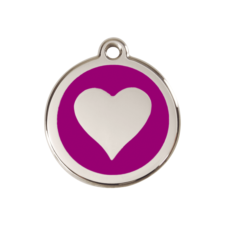 Vue avant - Médaille personnalisée pour chien Red Dingo cœur violet en émail et acier inoxydable - Size M