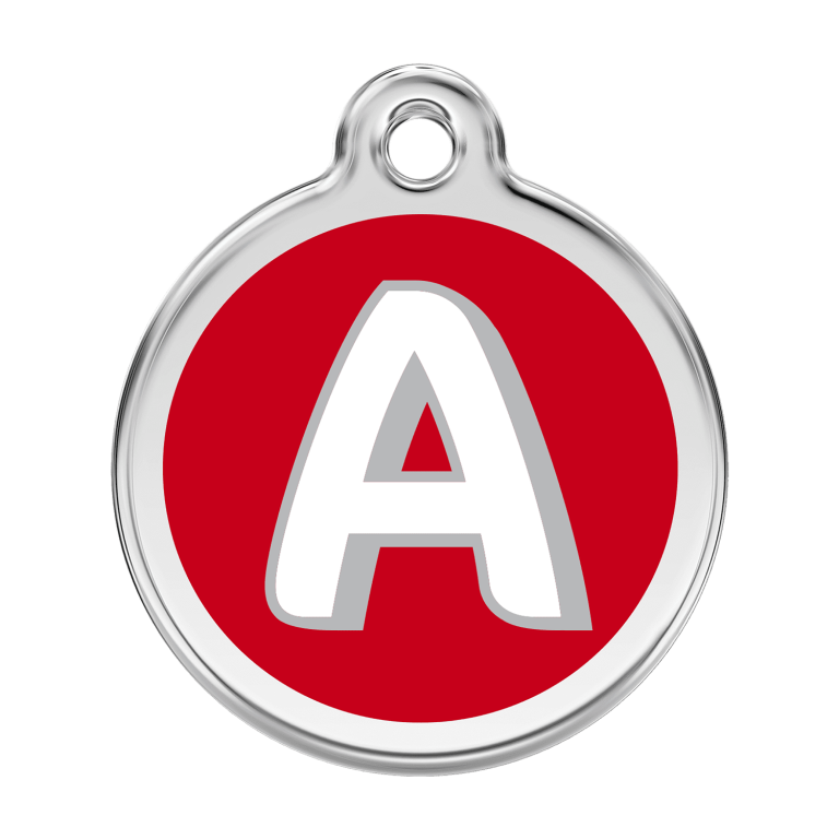 Vue avant - Médaille personnalisée pour chien ou chat - Red Dingo Émail et acier inoxydable - Lettre A rouge - Size L 38.00mm