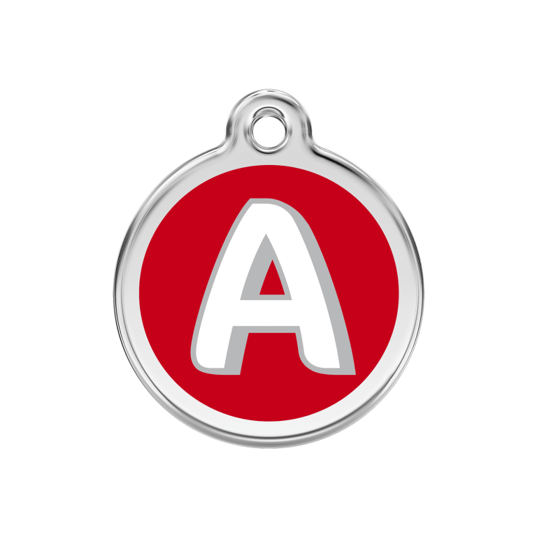 Vue avant - Médaille personnalisée pour chien Red Dingo Émail et acier inoxydable - Lettre A - Rouge - Size M