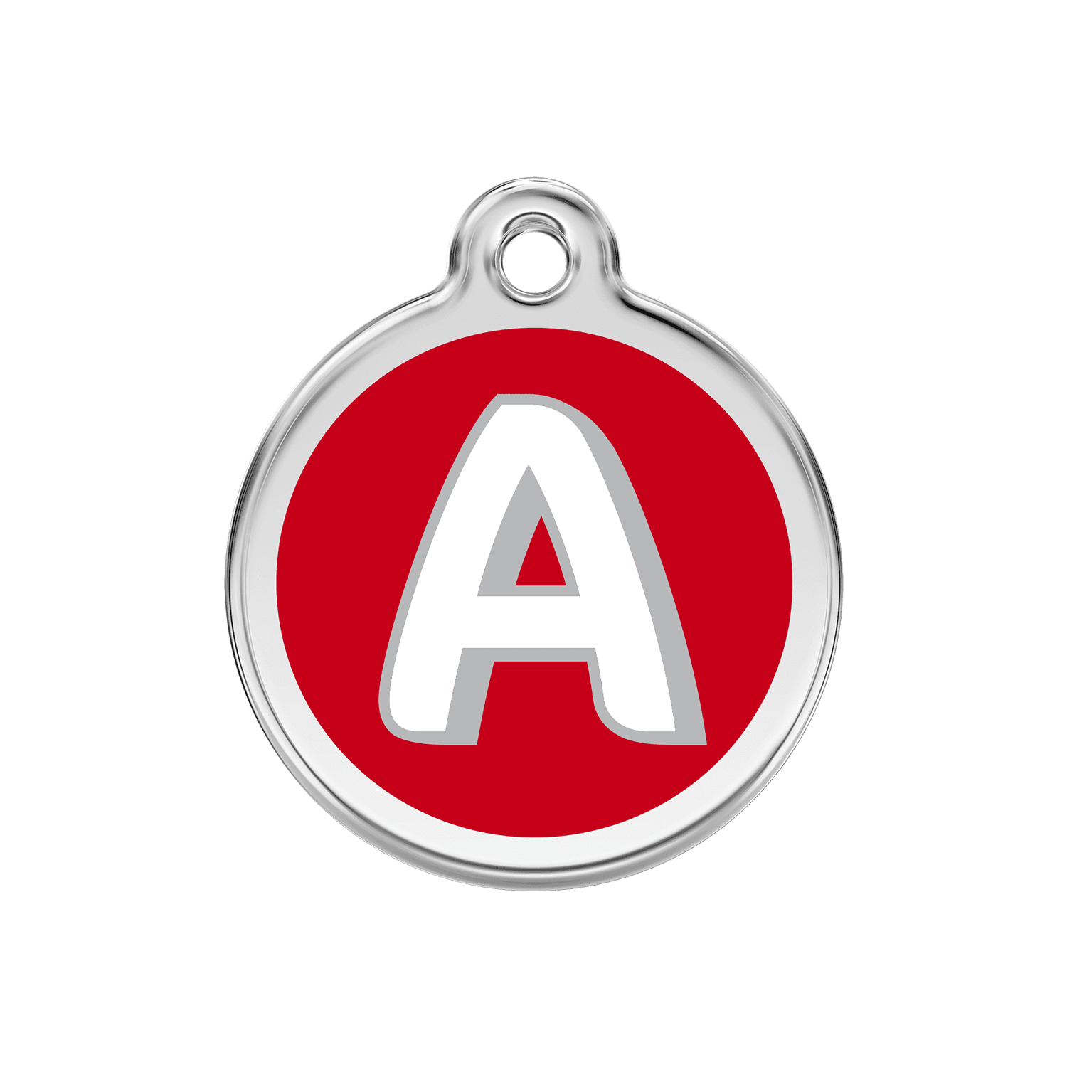 Vue avant - Médaille personnalisée pour chien Red Dingo Émail et acier inoxydable - Lettre A - Rouge - Size M