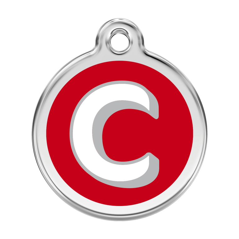 Vue avant - Médaille personnalisée pour chien Red Dingo Émail et acier inoxydable - Lettre C - Rouge - Size L