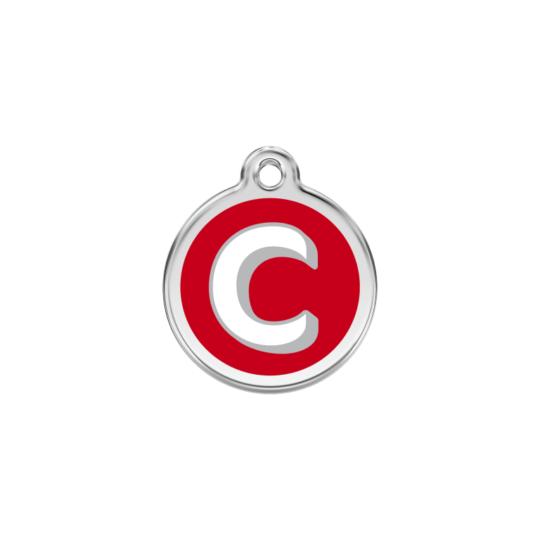 Vue avant - Médaille personnalisable pour chien ou chat Red Dingo Émail et acier inoxydable - Lettre C - Rouge - Size S