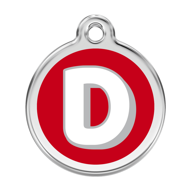 Vue avant - Médaille personnalisée pour chien Red Dingo Émail et acier inoxydable - Lettre D rouge - Size L 38.00mm