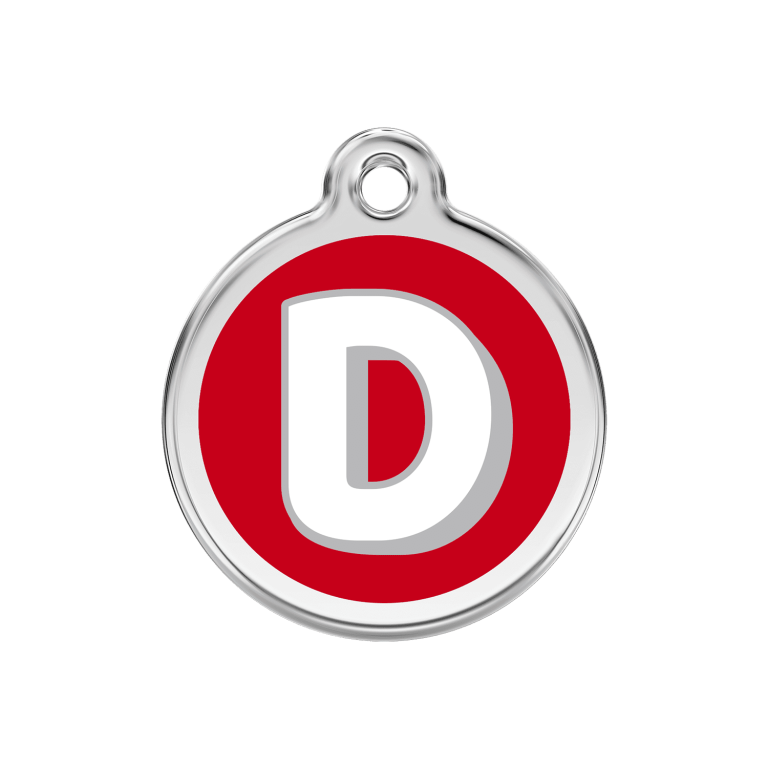 Vue avant - Médaille personnalisée pour chien Red Dingo Émail et acier inoxydable - Lettre D - Rouge - Size M